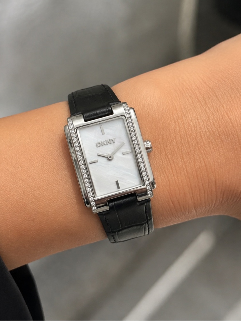 NWT DKNY Evening Crystal Mother of Pearl Watch – Black Leather
